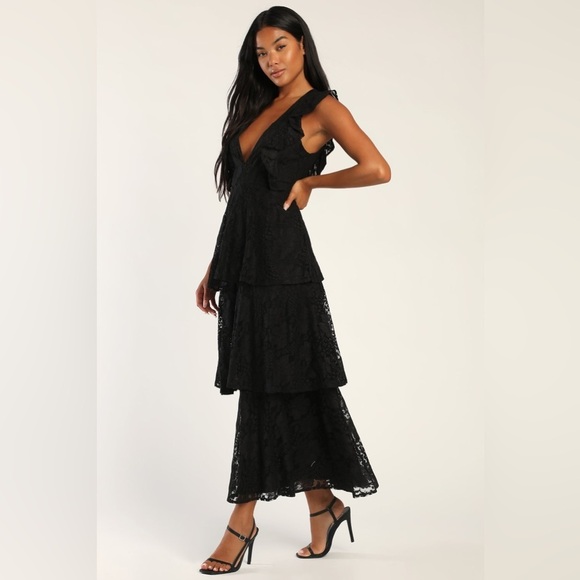 Sz XL NWOT Lulus Molinetto Black Lace Ruffled Tiered Sleeveless‎ Maxi Dress - Picture 4 of 8